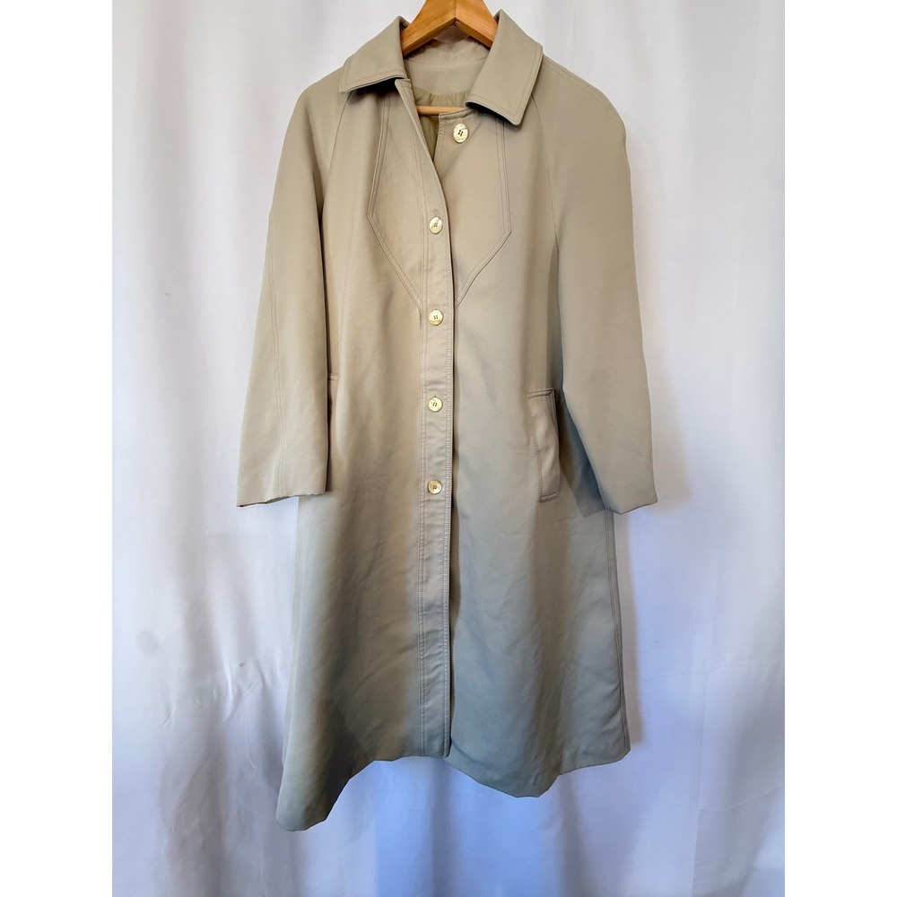 Vintage ILGWU Union Made Tan Trench Coat Beige Button Front Midi Overcoat Womens
